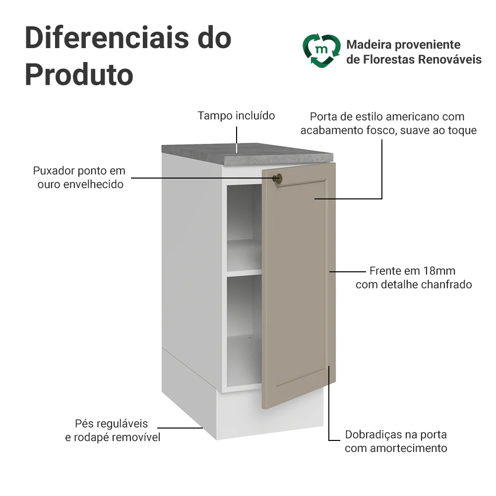 Balcão de Cozinha 35 x 60 cm 1 Porta (Com Tampo) Branco/Crema Vik Madesa - Image 3