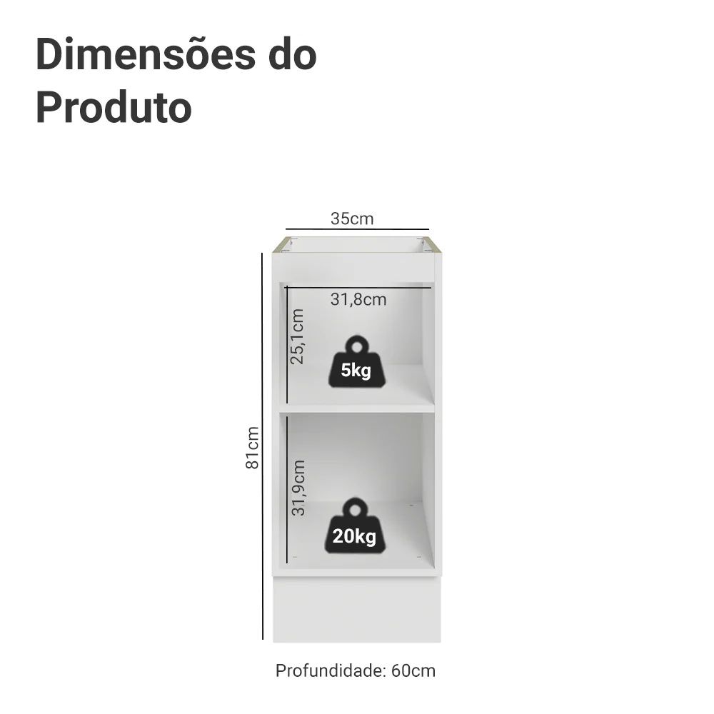 Balcão de Cozinha 35 x 60 cm 1 Porta (Sem Tampo) Branco/Crema Vik Madesa - Image 2