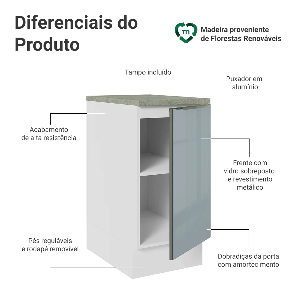 Balcão de Cozinha 40 cm 1 Porta Branco/Cinza Lux Madesa - Image 3