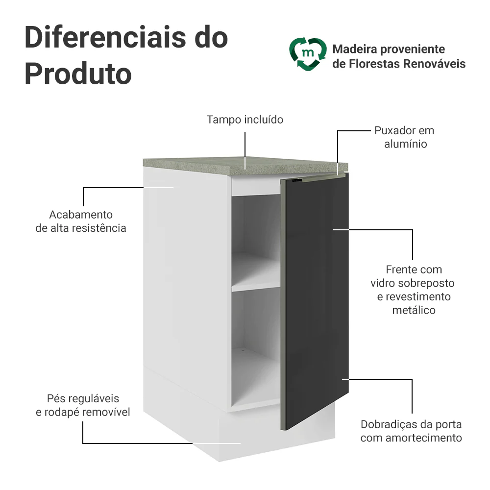 Balcão de Cozinha 40 cm 1 Porta Branco/Preto Lux Madesa - Image 3