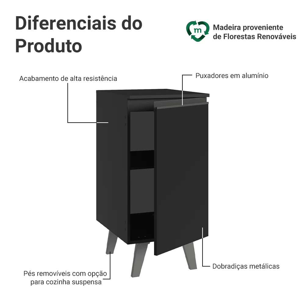 Balcão de Cozinha 40 cm 1 Porta Com Pés Preto Nice Madesa - Image 3