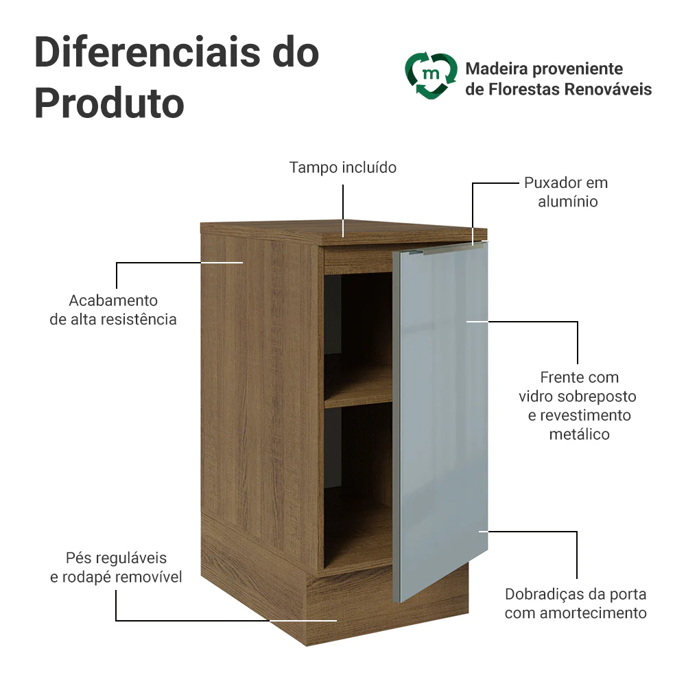 Balcão de Cozinha 40 cm 1 Porta Rustic/Cinza Lux Madesa - Image 3
