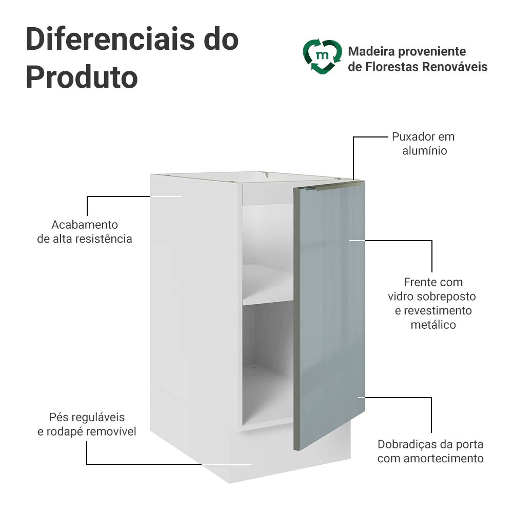 Balcão de Cozinha 40 cm 1 Porta (Sem Tampo) Branco/Cinza Lux Madesa - Image 3