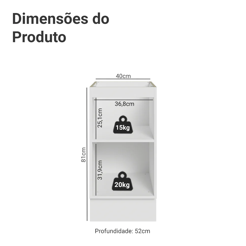 Balcão de Cozinha 40 cm 1 Porta (Sem Tampo) Branco/Preto Lux Madesa - Image 2