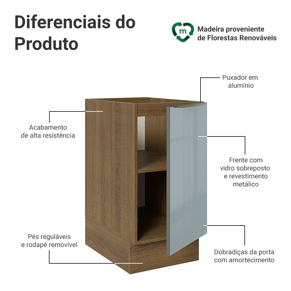 Balcão de Cozinha 40 cm 1 Porta (Sem Tampo) Rustic/Cinza Lux Madesa - Image 3