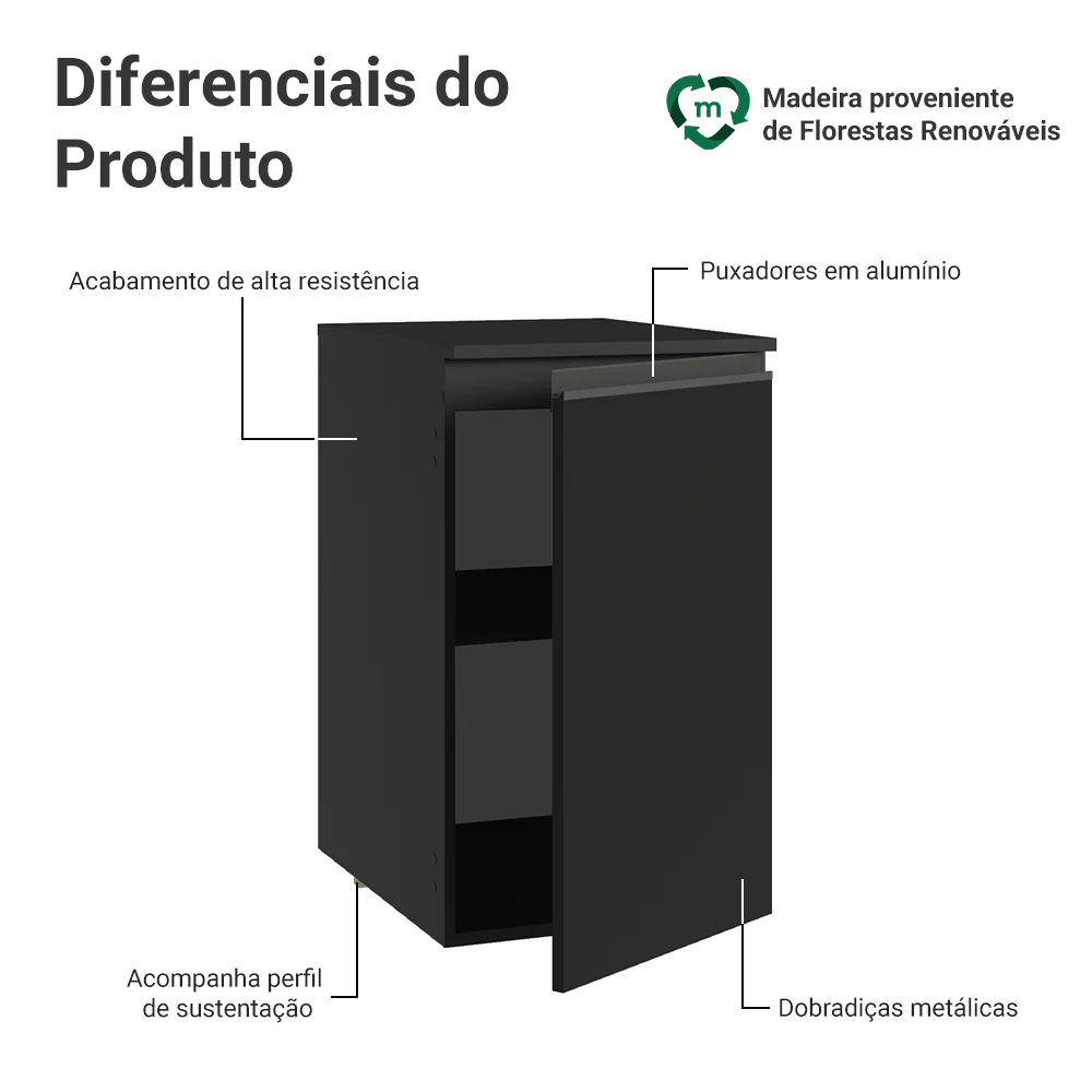 Balcão de Cozinha 40 cm 1 Porta Suspenso Preto Nice Madesa - Image 3