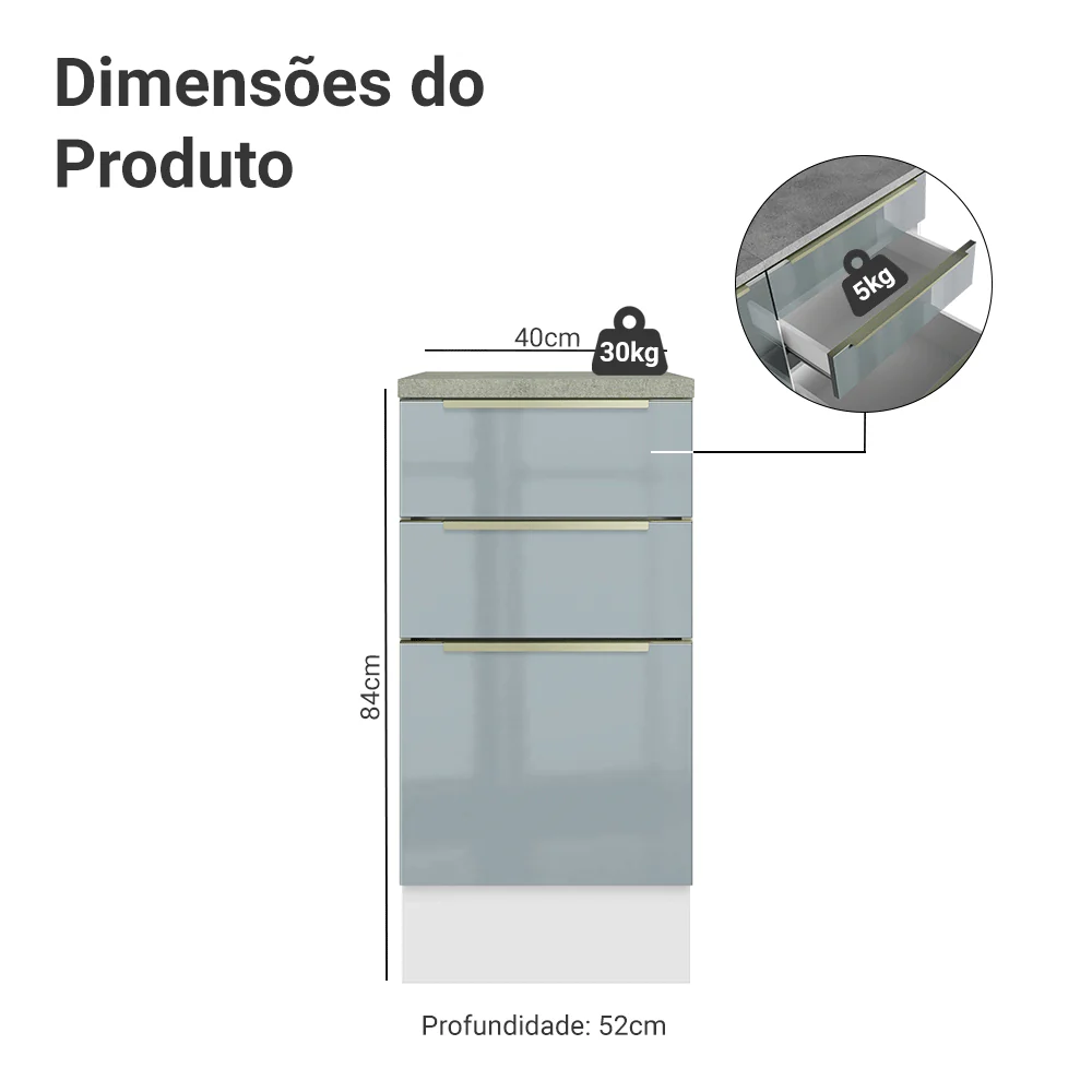 Balcão de Cozinha 40 cm 3 Gavetas Branco/Cinza Lux Madesa - Image 2
