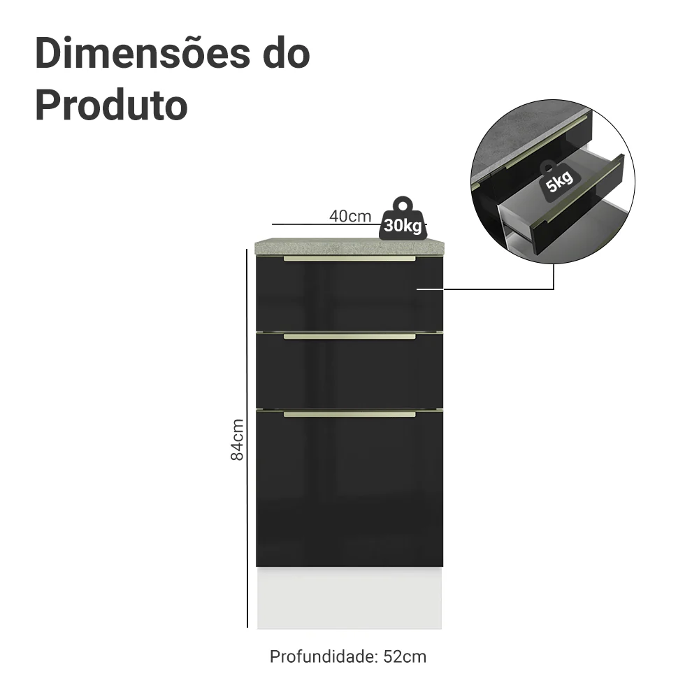 Balcão de Cozinha 40 cm 3 Gavetas Branco/Preto Lux Madesa - Image 2