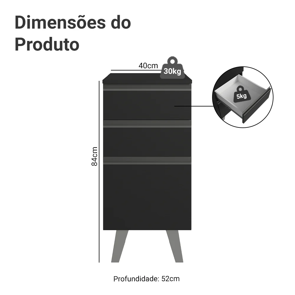 Balcão de Cozinha 40 cm 3 Gavetas Com Pés Preto Nice Madesa - Image 2