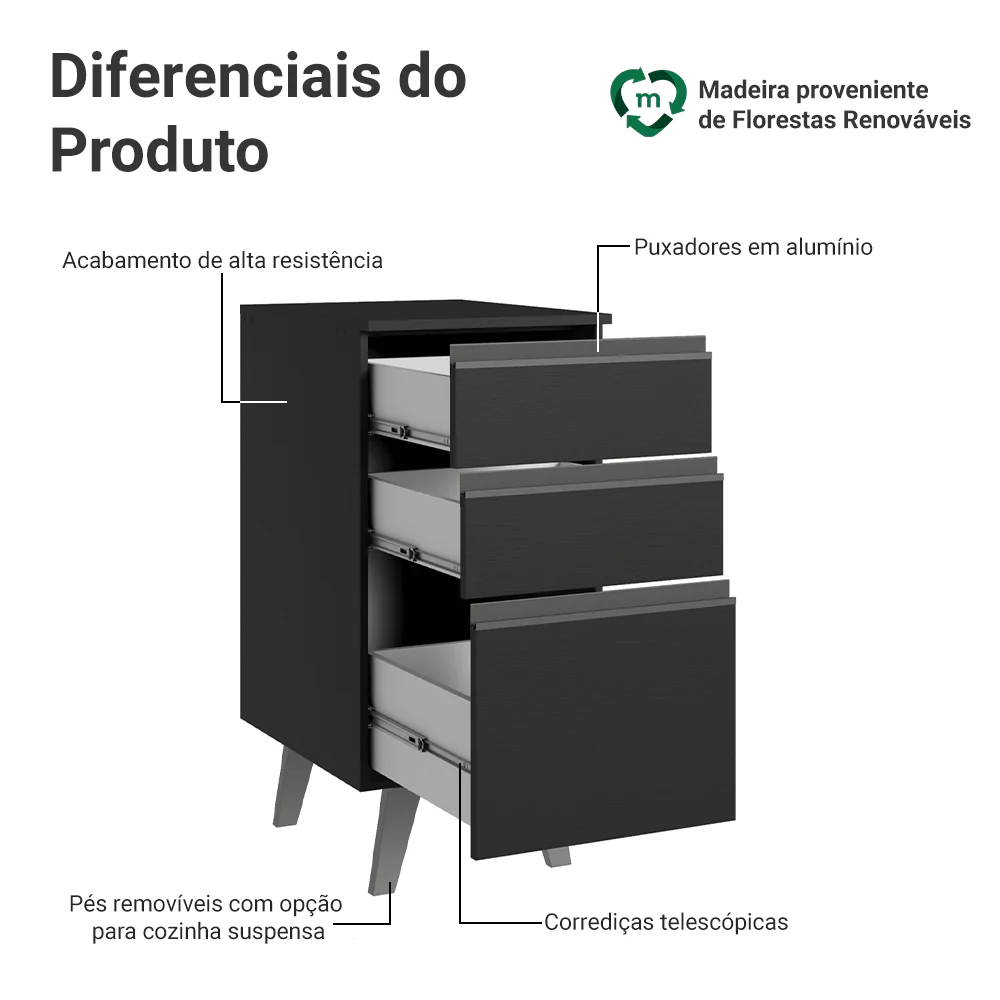 Balcão de Cozinha 40 cm 3 Gavetas Com Pés Preto Nice Madesa - Image 3