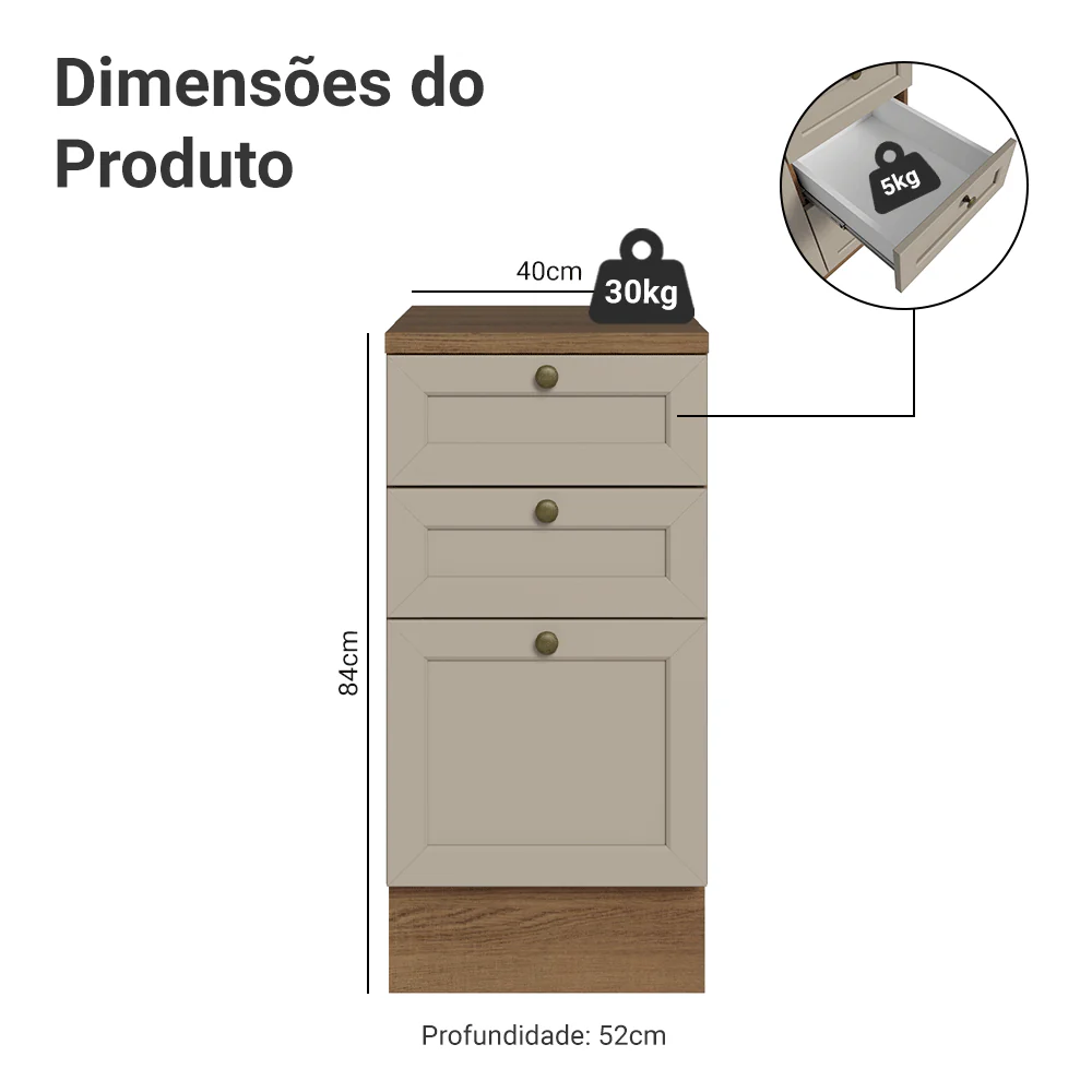 Balcão de Cozinha 40 cm 3 Gavetas Rustic/Crema Vik Madesa - Image 2