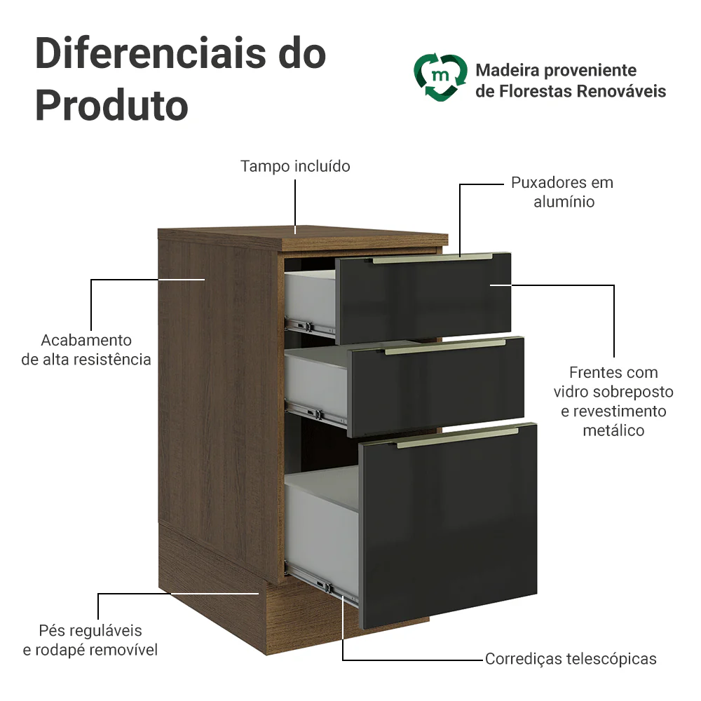 Balcão de Cozinha 40 cm 3 Gavetas Rustic/Preto Lux Madesa - Image 3