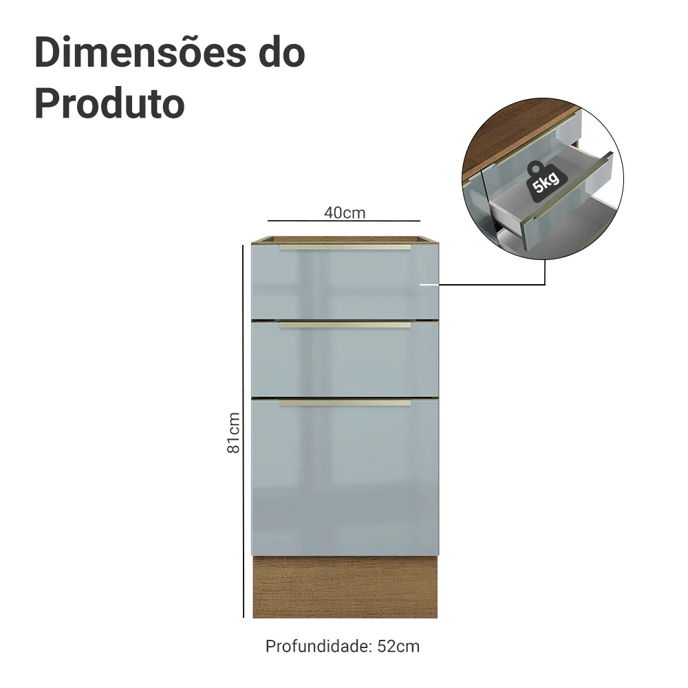 Balcão de Cozinha 40 cm 3 Gavetas (Sem Tampo) Rustic/Cinza Lux Madesa - Image 2