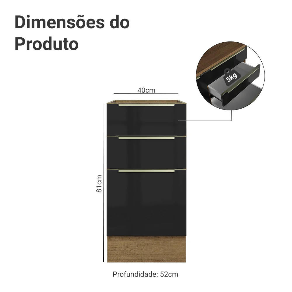 Balcão de Cozinha 40 cm 3 Gavetas (Sem Tampo) Rustic/Preto Lux Madesa - Image 2