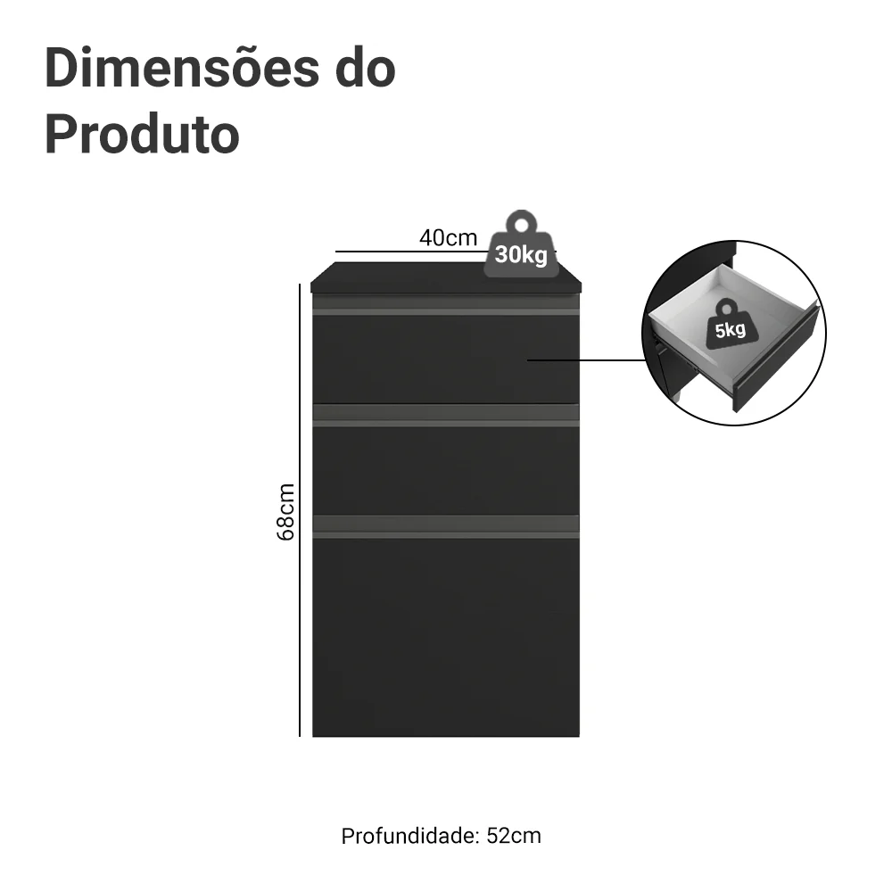 Balcão de Cozinha 40 cm 3 Gavetas Suspenso Preto Nice Madesa - Image 2