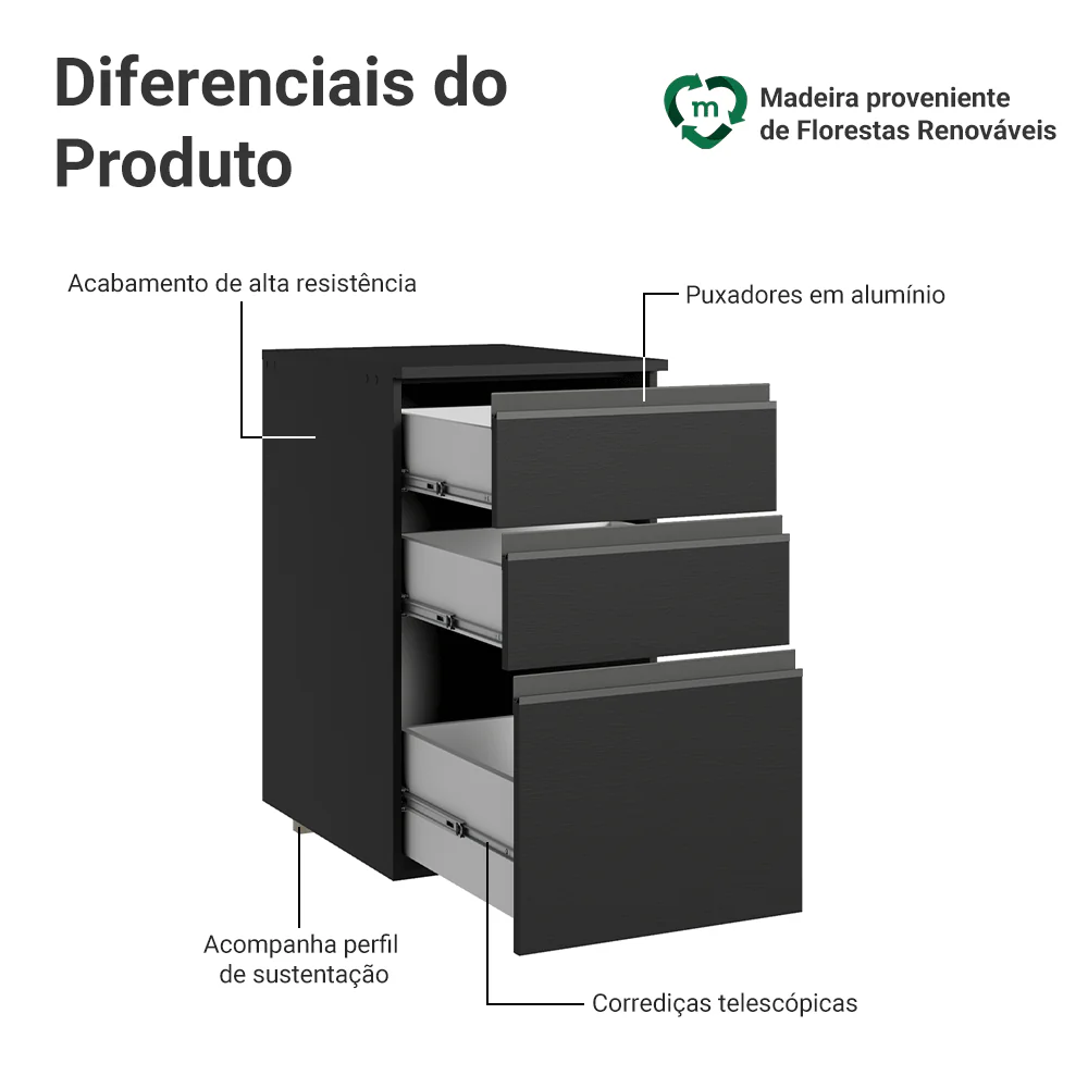 Balcão de Cozinha 40 cm 3 Gavetas Suspenso Preto Nice Madesa - Image 3