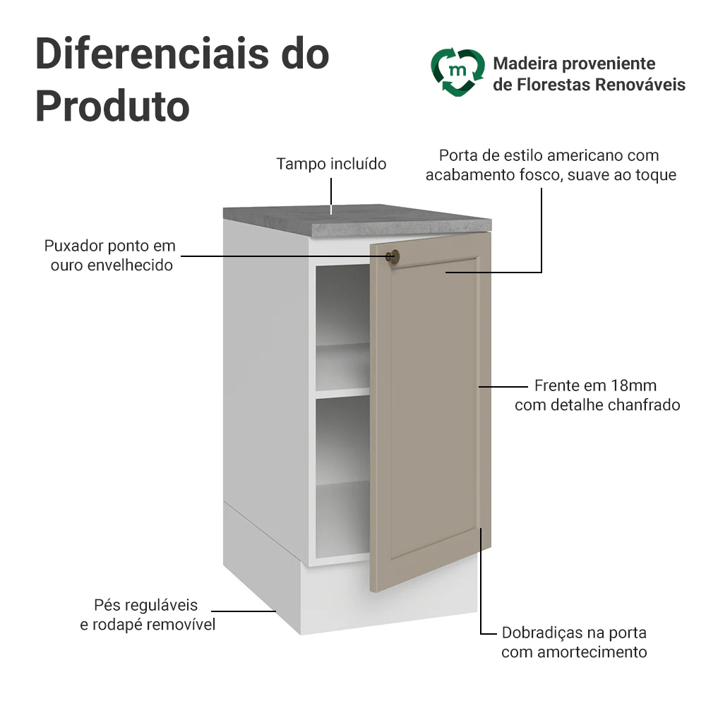Balcão de Cozinha 40 x 60 cm 1 Porta (Com Tampo) Branco/Crema Vik Madesa - Image 3