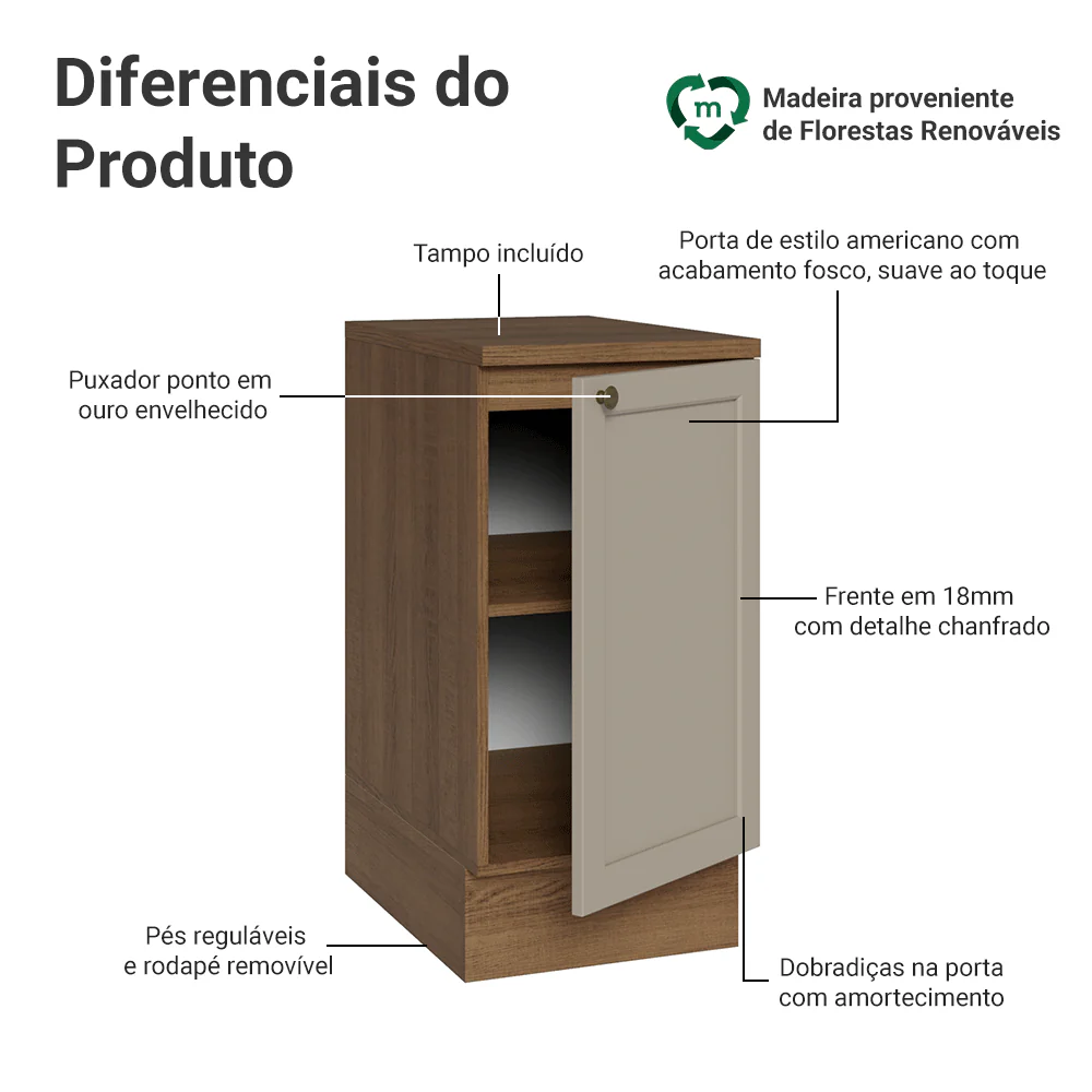 Balcão de Cozinha 40 x 60 cm 1 Porta (Com Tampo) Rustic/Crema Vik Madesa - Image 3