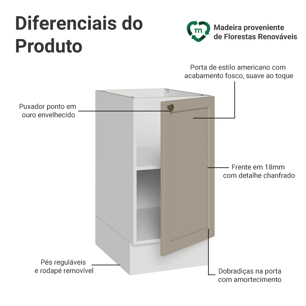 Balcão de Cozinha 40 x 60 cm 1 Porta (Sem Tampo) Branco/Crema Vik Madesa - Image 3