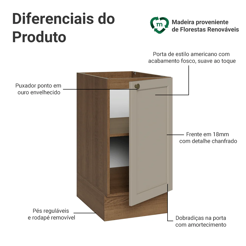 Balcão de Cozinha 40 x 60 cm 1 Porta (Sem Tampo) Rustic/Crema Vik Madesa - Image 3