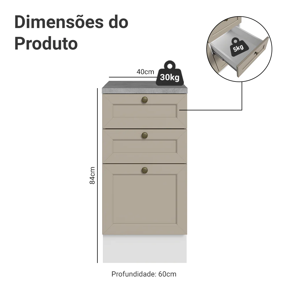 Balcão de Cozinha 40 x 60 cm 3 Gavetas (Com Tampo) Branco/Crema Vik Madesa - Image 2