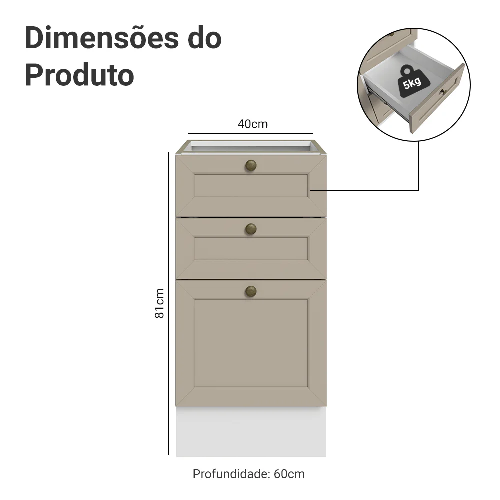 Balcão de Cozinha 40 x 60 cm 3 Gavetas (Sem Tampo) Branco/Crema Vik Madesa - Image 2
