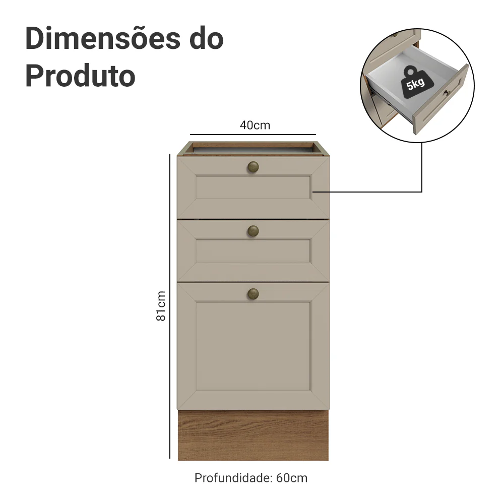 Balcão de Cozinha 40 x 60 cm 3 Gavetas (Sem Tampo) Rustic/Crema Vik Madesa - Image 2