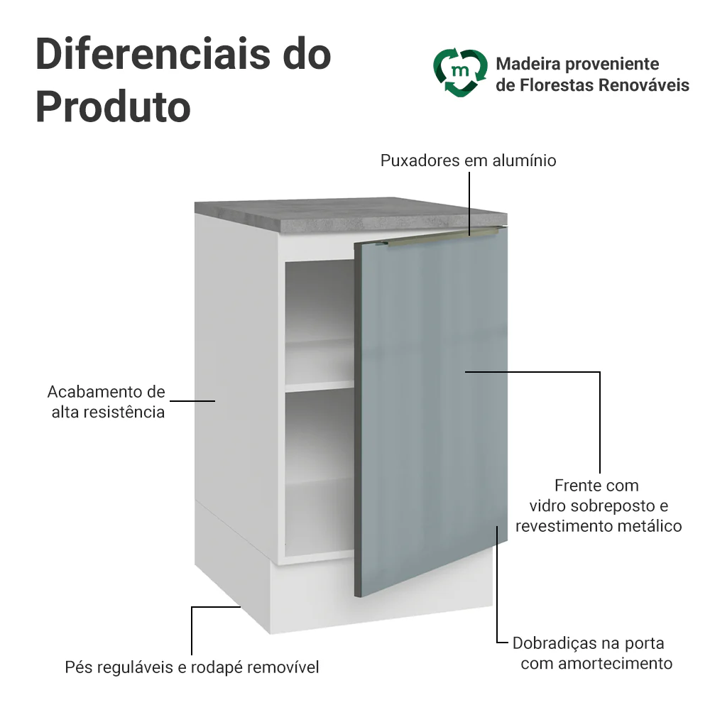 Balcão de Cozinha 50 cm 1 Porta Branco/Cinza Lux Madesa - Image 3