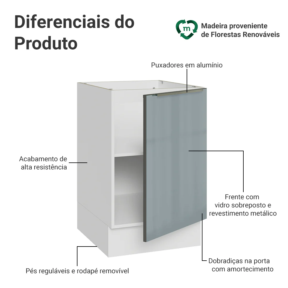 Balcão de Cozinha 50 cm 1 Porta (Sem Tampo) Branco/Cinza Lux Madesa - Image 3