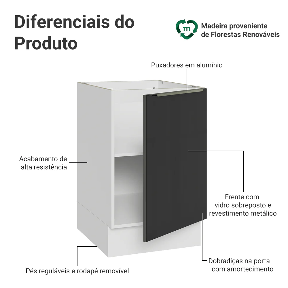 Balcão de Cozinha 50 cm 1 Porta (Sem Tampo) Branco/Preto Lux Madesa - Image 3