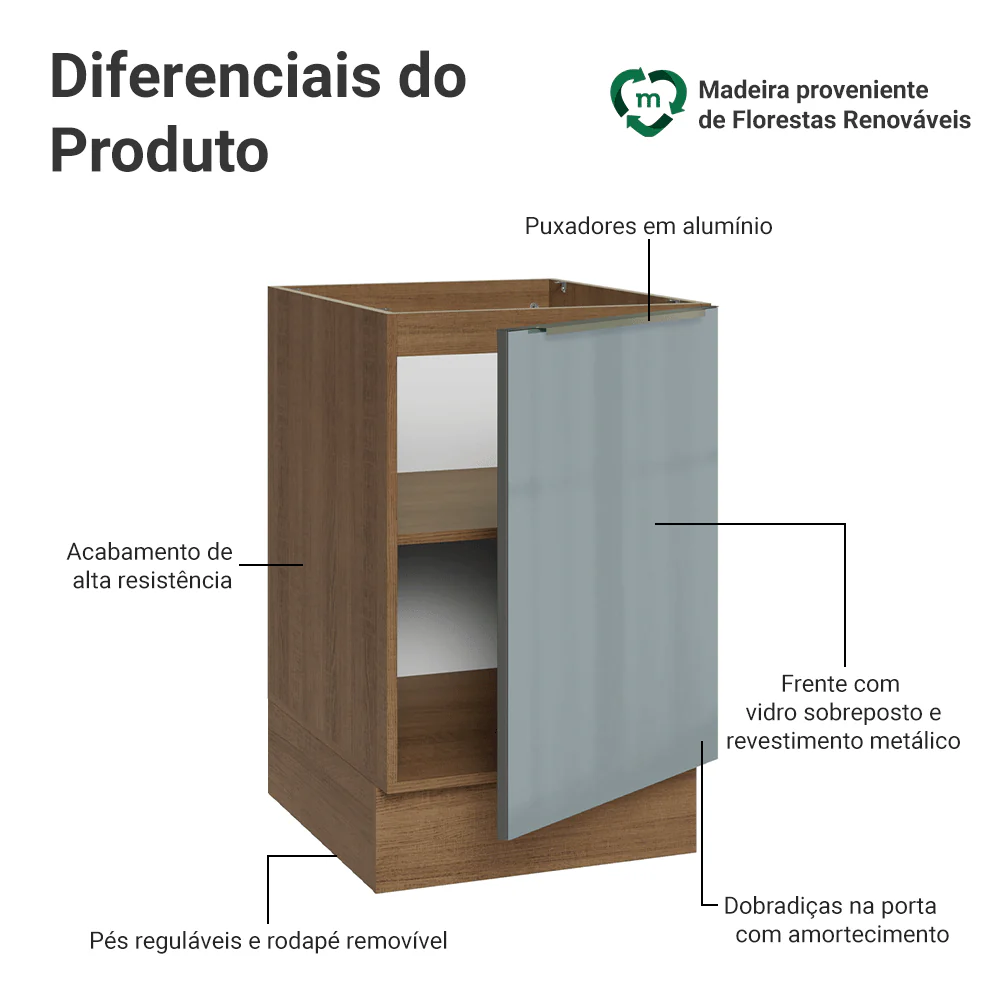 Balcão de Cozinha 50 cm 1 Porta (Sem Tampo) Rustic/Cinza Lux Madesa - Image 3