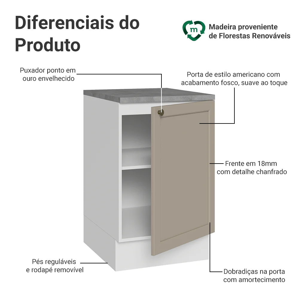 Balcão de Cozinha 50cm 1 Porta (Com Tampo) Branco/Crema Vik Madesa - Image 3