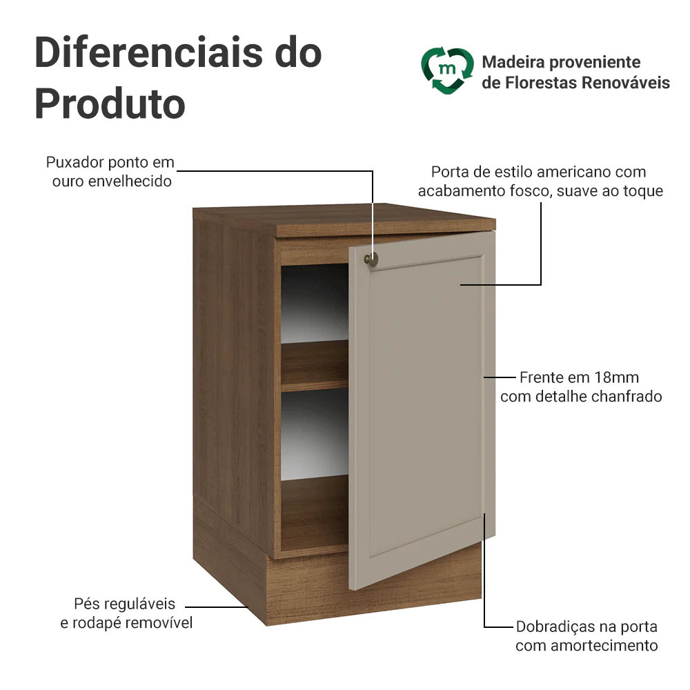 Balcão de Cozinha 50cm 1 Porta (Com Tampo) Rustic/Crema Vik Madesa - Image 3