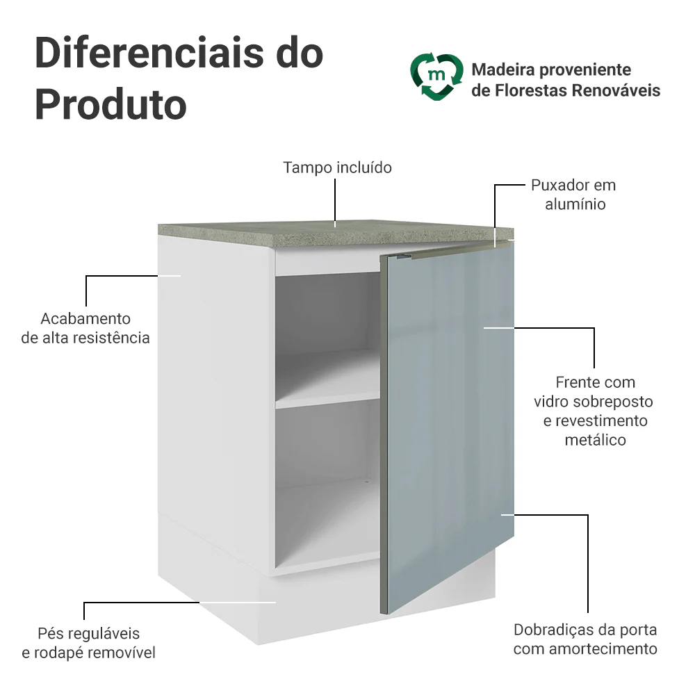 Balcão de Cozinha 60 cm 1 Porta Branco/Cinza Lux Madesa - Image 3