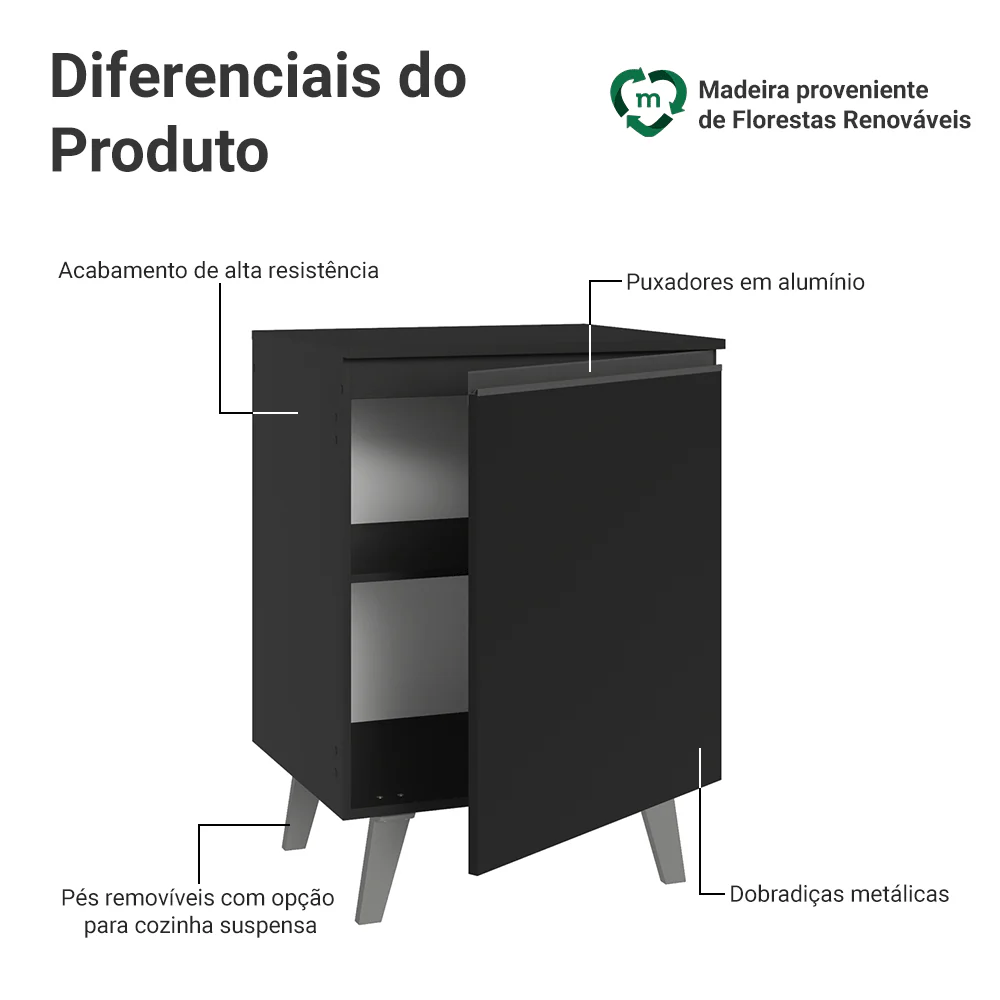 Balcão de Cozinha 60 cm 1 Porta Com Pés Preto Nice Madesa - Image 3