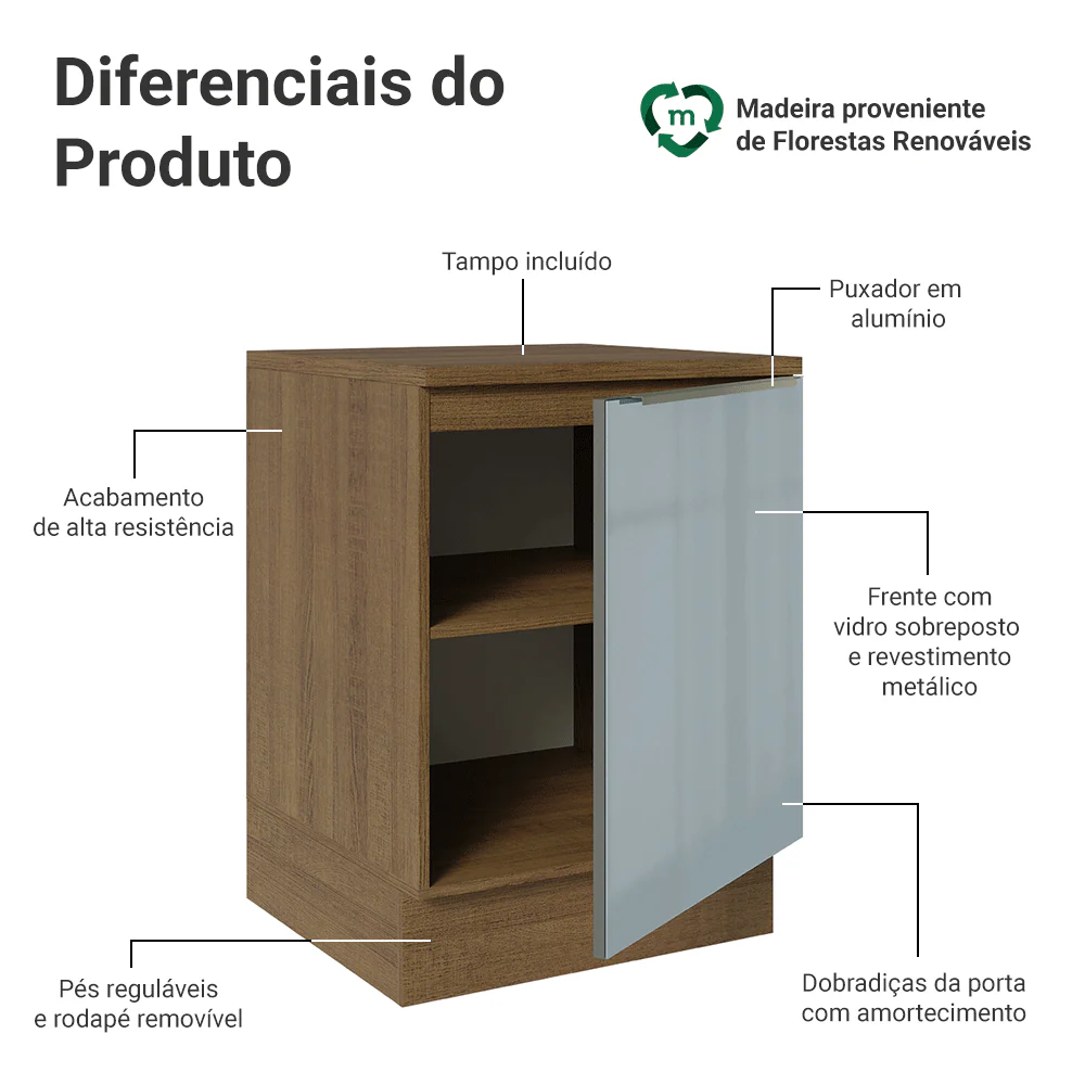Balcão de Cozinha 60 cm 1 Porta Rustic/Cinza Lux Madesa - Image 3