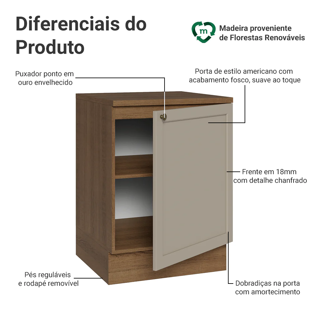 Balcão de Cozinha 60 cm 1 Porta Rustic/Crema Vik Madesa - Image 3