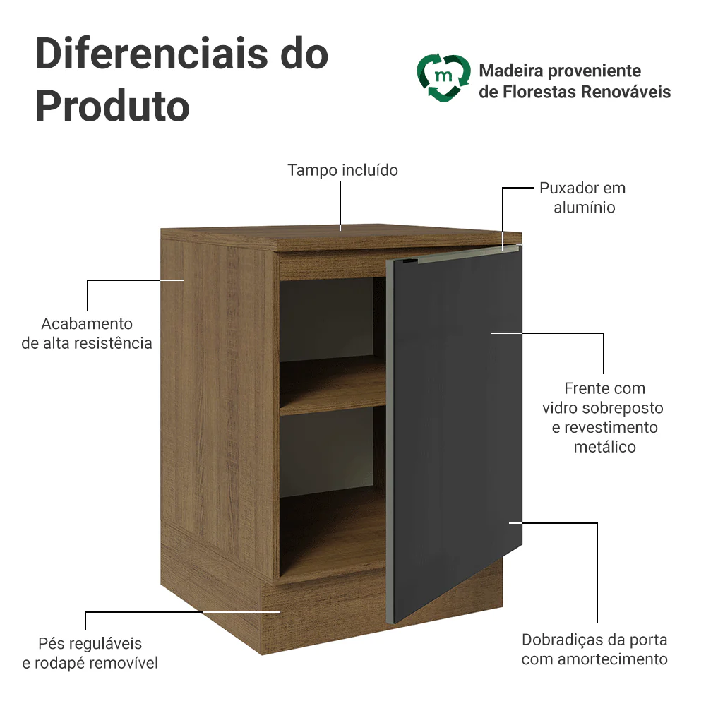 Balcão de Cozinha 60 cm 1 Porta Rustic/Preto Lux Madesa - Image 3