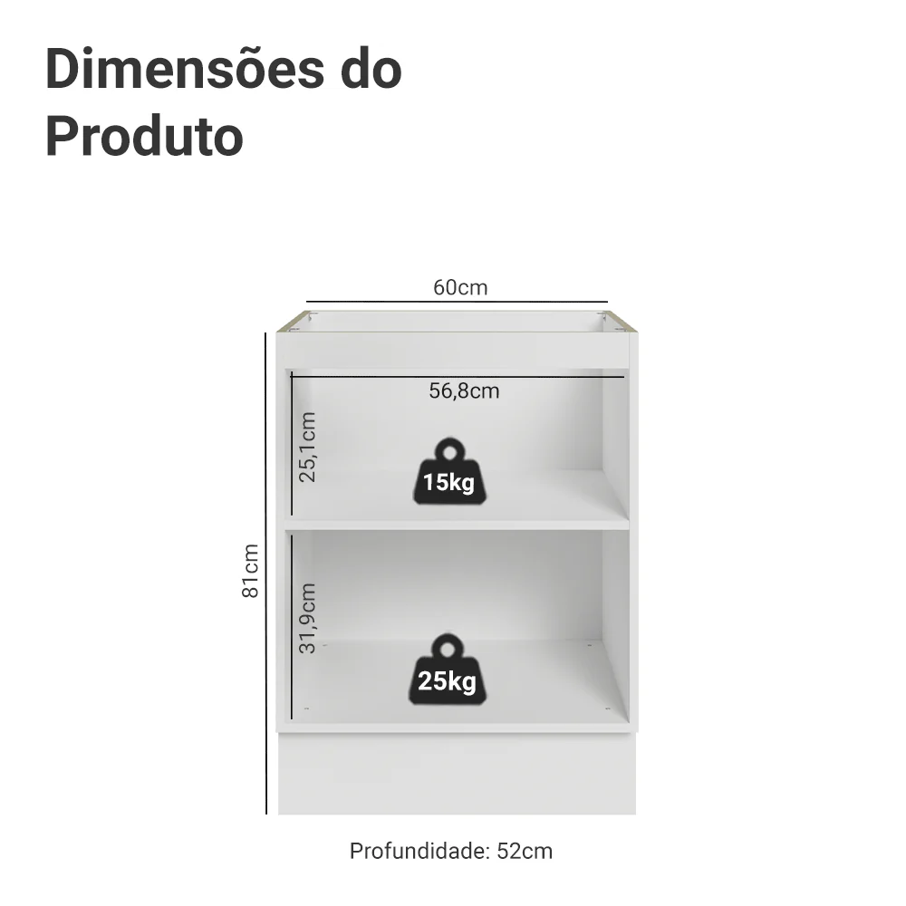 Balcão de Cozinha 60 cm 1 Porta (Sem Tampo) Branco/Cinza Lux Madesa - Image 2