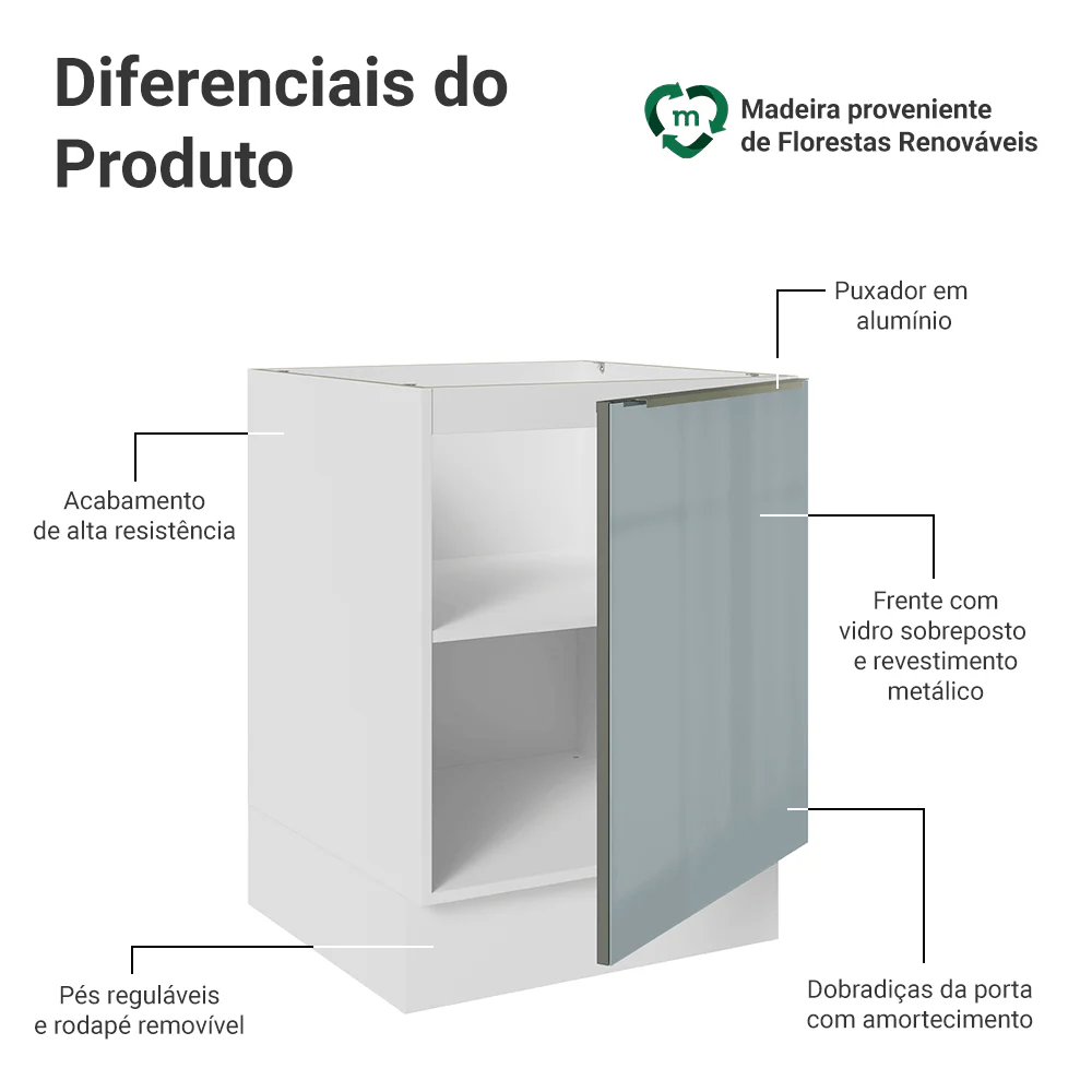 Balcão de Cozinha 60 cm 1 Porta (Sem Tampo) Branco/Cinza Lux Madesa - Image 3