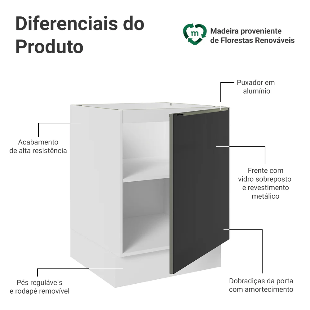 Balcão de Cozinha 60 cm 1 Porta (Sem Tampo) Branco/Preto Lux Madesa - Image 3