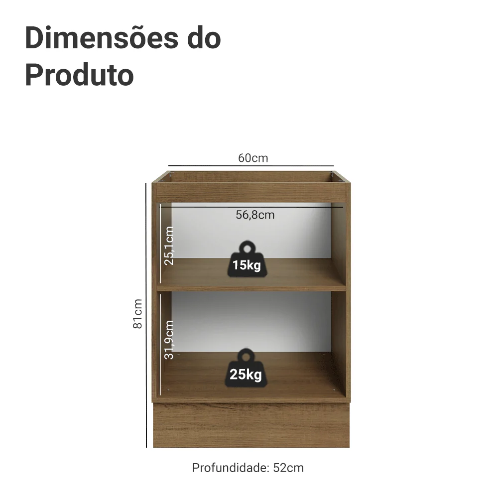 Balcão de Cozinha 60 cm 1 Porta (Sem Tampo) Rustic/Cinza Lux Madesa - Image 2