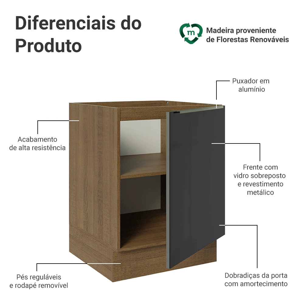Balcão de Cozinha 60 cm 1 Porta (Sem Tampo) Rustic/Preto Lux Madesa - Image 3