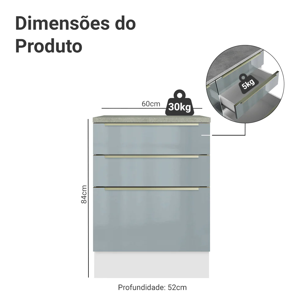 Balcão de Cozinha 60 cm 3 Gavetas Branco/Cinza Lux Madesa - Image 2