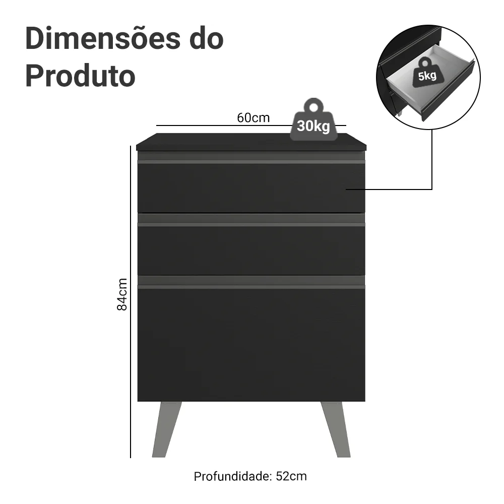Balcão de Cozinha 60 cm 3 Gavetas Com Pés Preto Nice Madesa - Image 2