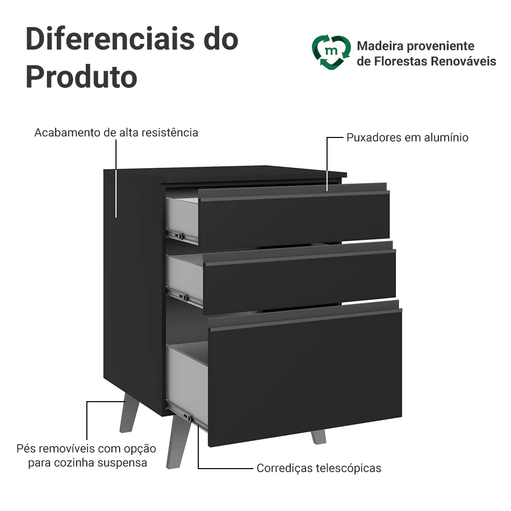 Balcão de Cozinha 60 cm 3 Gavetas Com Pés Preto Nice Madesa - Image 3