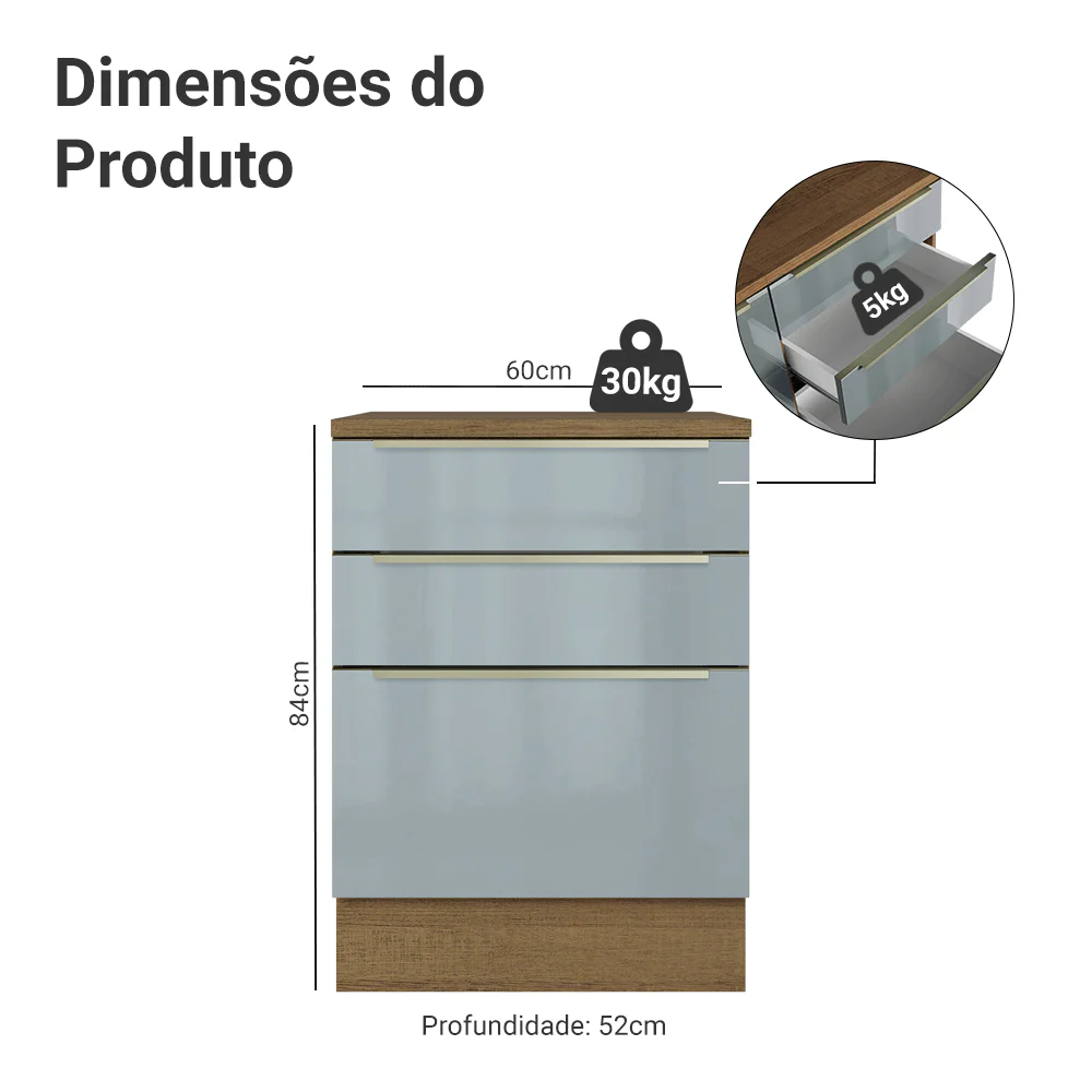 Balcão de Cozinha 60 cm 3 Gavetas Rustic/Cinza Lux Madesa - Image 2