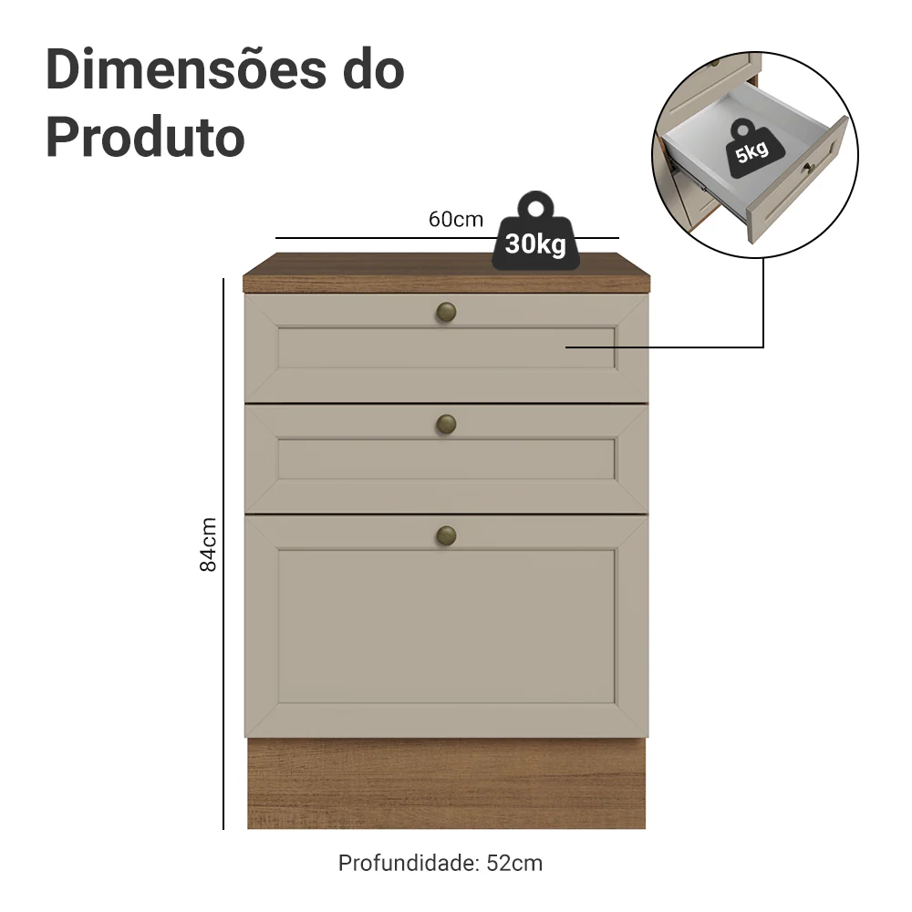 Balcão de Cozinha 60 cm 3 Gavetas Rustic/Crema Vik Madesa - Image 2
