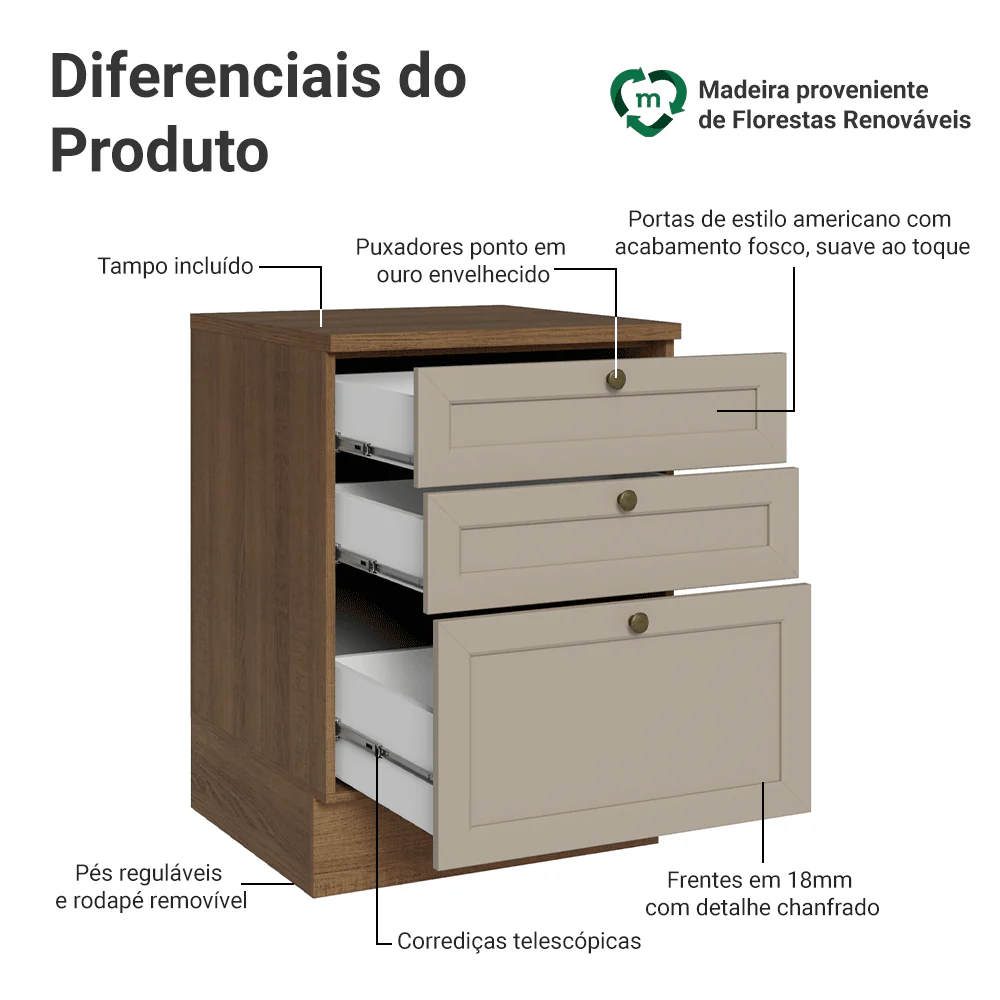 Balcão de Cozinha 60 cm 3 Gavetas Rustic/Crema Vik Madesa - Image 3