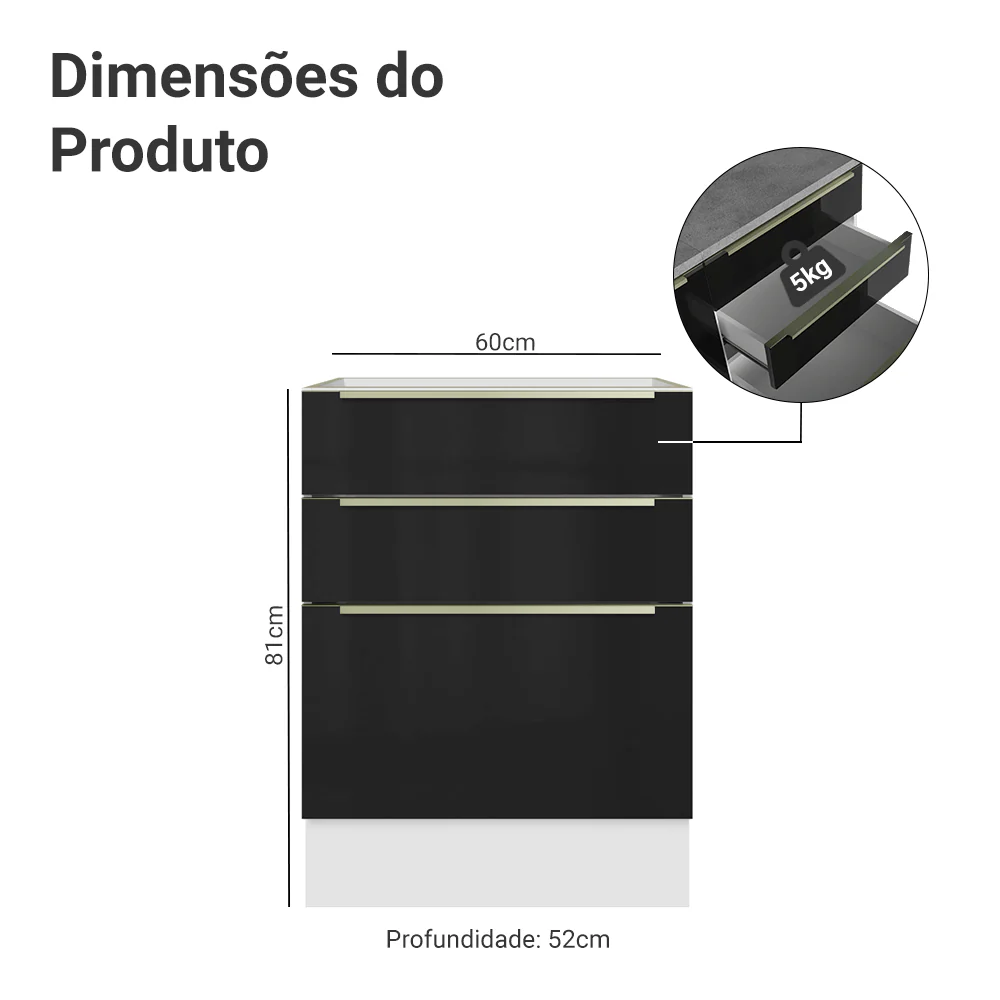 Balcão de Cozinha 60 cm 3 Gavetas (Sem Tampo) Branco/Preto Lux Madesa - Image 2